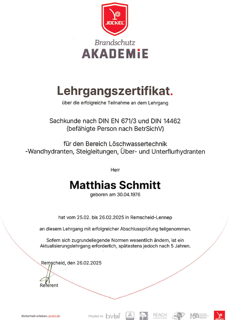 Zertifikat Löschwassertechnik