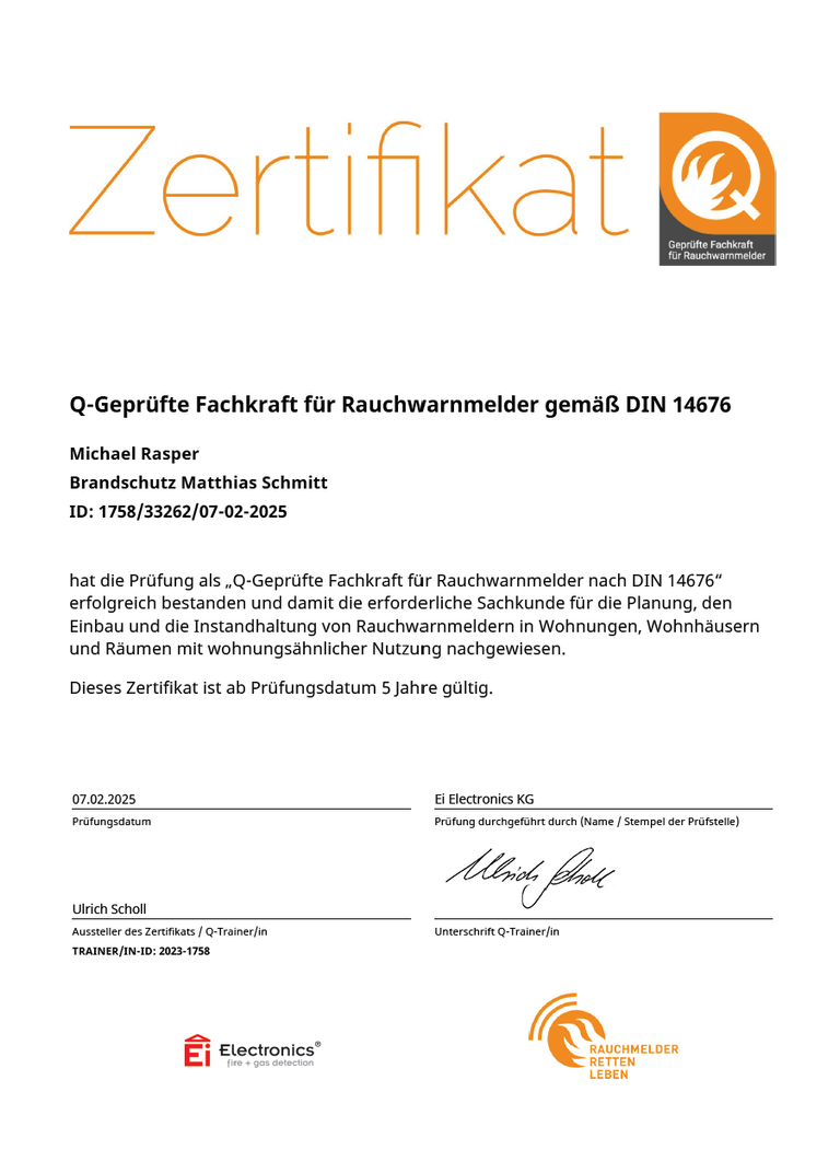 Zertifikat Fachkraft Rauchwarnmelder