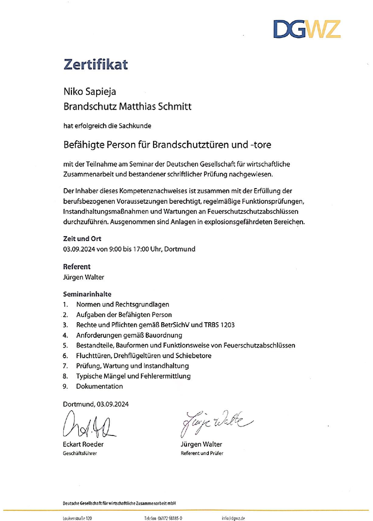 Zertifikat Brandschutztüren und Feststellanlagen
