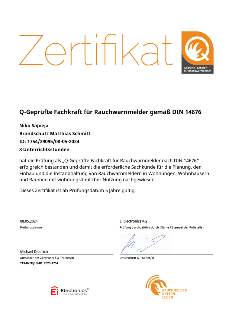 Zertifikat Fachkraft für Rauchwarnmelder Niko Sapieja