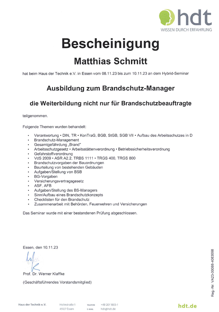 Zertifikat Brandschutzmanager