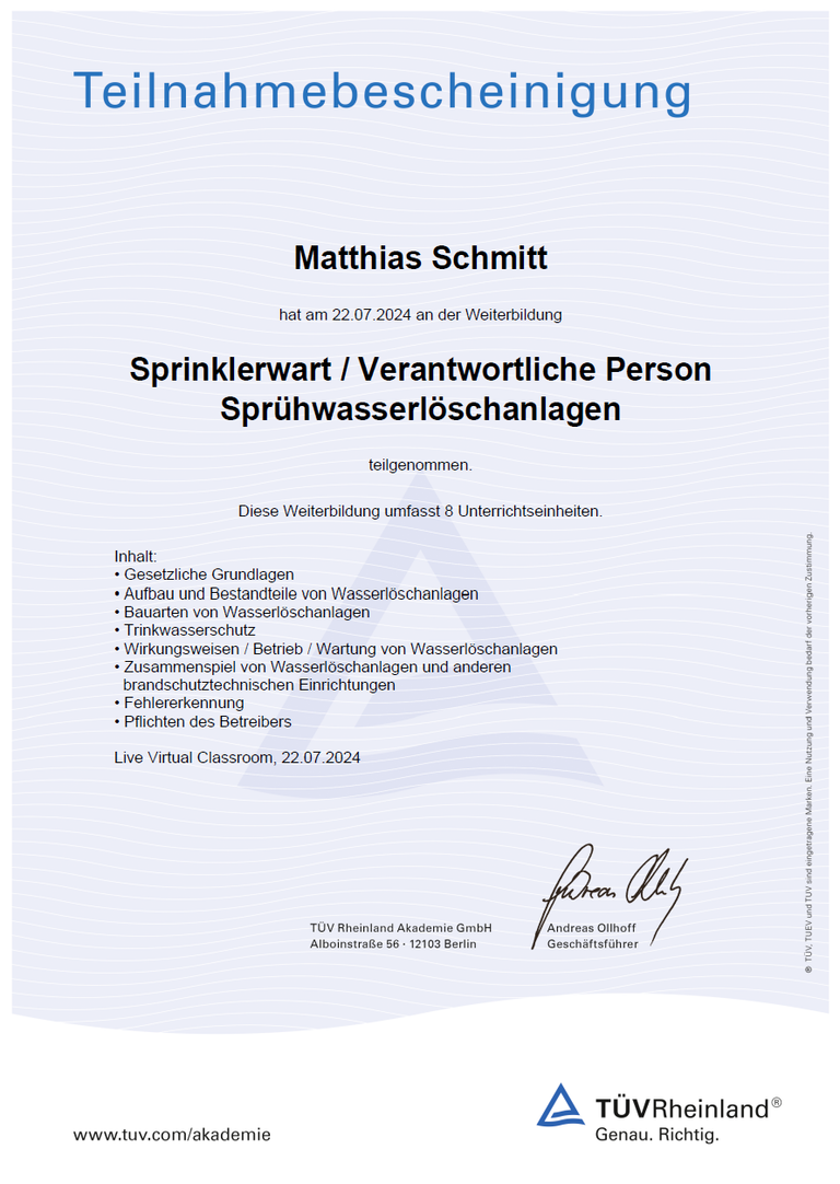 Zertifikat Matthias Schmitt Sprinklerwart / Verantwortliche Person Sprühwasserlöschanlagen 