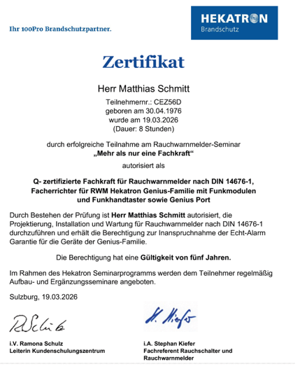 Zertifikat Fachkraft für Rauchwarnmelder von Gira