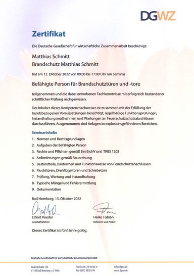 Zertifikat Sachkunde Brandschutztüren